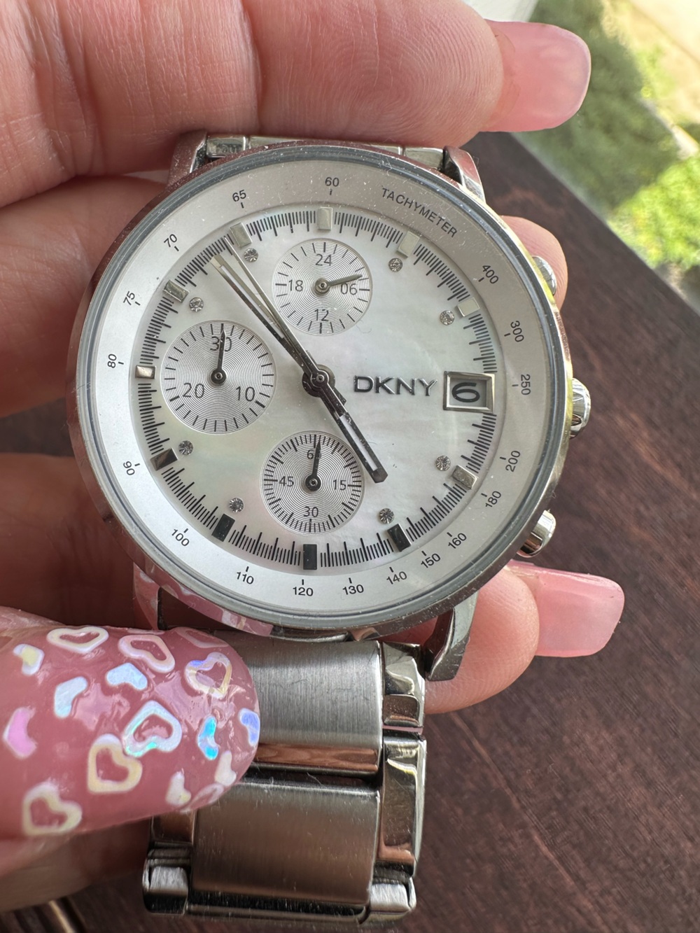 DKNY Silver and Mother-of-Pearl Chronograph Heavy Big  Watch